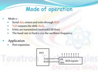 Mode of operation
 Mode 0 :
 Serial data enters and exits through RxD
 TxD outputs the shift clock.
 8 bits are transmitted/received(LSB first)
 The baud rate is fixed a 1/12 the oscillator frequency.
 Application
 Port expansion
8051
TXD
RXD Shift register
clk
data
 