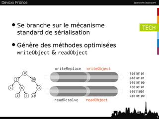 • Se branche sur le mécanisme                     TECH
  standard de sérialisation

• Génère des méthodes optimisées
  writeObject & readObject

               writeReplace   writeObject
                                            10010101
                                            01010101
                                            01010100
                                            10010101
                                            01011001
                                            01010100
              readResolve     readObject


                                                         5
 