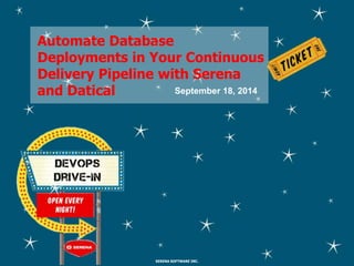 Automate Database 
Deployments in Your Continuous 
Delivery Pipeline with Serena 
and Datical 
September 18, 2014 
SERENA SOFTWARE INC. 
 