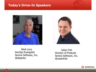 Today’s Drive-In Speakers
2
Mark Levy
DevOps Evangelist
Serena Software, Inc.
@deparko
Julian Fish
Director of Products
Serena Software, Inc.
@JulianFish
 