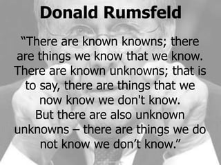 Donald Rumsfeld
 “There are known knowns; there
are things we know that we know.
There are known unknowns; that is
  to say, there are things that we
     now know we don't know.
    But there are also unknown
unknowns – there are things we do
     not know we don’t know.”
1             SERENA SOFTWARE INC.
 