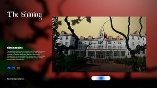 Il progetto consiste nel ricreare gli End Titles del film horror
“The Shining” del 1980, sconvolgendone lo stile attuale.
Tramite l’unione di illustrazioni vettoriali e immagni
fotografiche ho raccontato il film rendendolo molto simile
alla narrazione di una fiaba, mantenedo però la chiave
horror che lo caratterizza.
MOTION DESIGN
Film Credits
The Shining
GUARDA IL VIDEO
 