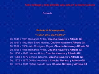 Extravio Historia de la agrupación  “ TRIO LOS PANCHOS”    De 1944 a 1951   Hernando Aviles,  Chucho Navarro y Alfredo Gil  De 1951 a   1952 Raúl Shaw Moreno,  Chucho Navarro y Alfredo Gil  De 1952 a 1956 Julio Rodríguez Reyes,  Chucho Navarro y Alfredo Gil De 1956 a 1958 Hernando Aviles,  Chucho Navarro y Alfredo Gil  De  1958 a 1968 Johnny Albino,  Chucho Navarro y Alfredo Gil  De  1968 a 1972 Enrique Cáceres,  Chucho Navarro y Alfredo Gil  De  1972 a 1976 Ovidio Hernández,  Chucho Navarro y Alfredo Gil  De  1976 a 1981 Rafael Basurto Lara,  Chucho Navarro y Alfredo Gil Todo hallazgo y toda pérdida solo está en la mente humana 