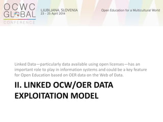 II. LINKED OCW/OER DATA
EXPLOITATION MODEL
Linked Data—particularly data available using open licenses—has an
important role to play in information systems and could be a key feature
for Open Education based on OER data on the Web of Data.
 