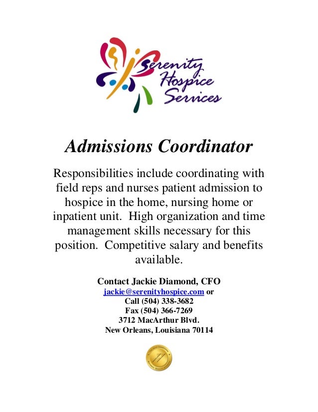 Serenity hospice admissions coordinator position