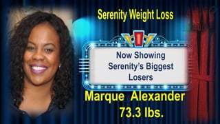 Now Showing
Serenity’s Biggest
Losers
Marque Alexander
73.3 lbs.
 