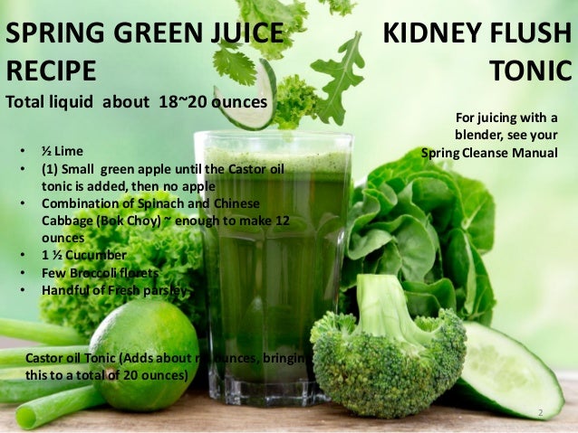 KIDNEY FLUSH
TONIC
For juicing with a
blender, see your
Spring Cleanse Manual
SPRING GREEN JUICE
RECIPE
Total liquid about...