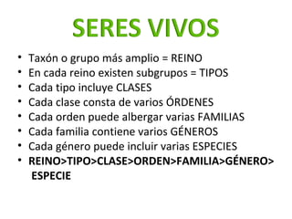 <ul><li>Taxón o grupo más amplio = REINO </li></ul><ul><li>En cada reino existen subgrupos = TIPOS </li></ul><ul><li>Cada ...