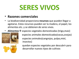 <ul><li>Razones comerciales </li></ul><ul><li>La biodiversidad proporciona  recursos  que pueden llegar a agotarse. Estos ...