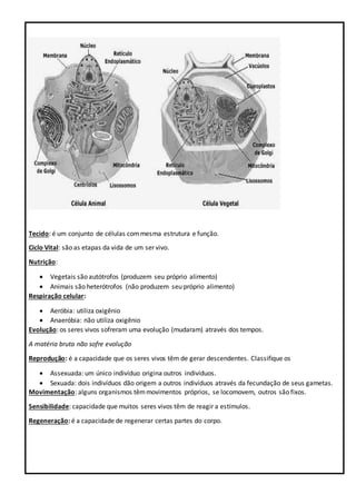 Tecido: é um conjunto de células commesma estrutura e função.
Ciclo Vital: são as etapas da vida de um ser vivo.
Nutrição:
 Vegetais são autótrofos (produzem seu próprio alimento)
 Animais são heterótrofos (não produzem seu próprio alimento)
Respiração celular:
 Aeróbia: utiliza oxigênio
 Anaeróbia: não utiliza oxigênio
Evolução: os seres vivos sofreram uma evolução (mudaram) através dos tempos.
A matéria bruta não sofre evolução
Reprodução: é a capacidade que os seres vivos têm de gerar descendentes. Classifique os
 Assexuada: um único indivíduo origina outros indivíduos.
 Sexuada: dois indivíduos dão origem a outros indivíduos através da fecundação de seus gametas.
Movimentação: alguns organismos têmmovimentos próprios, se locomovem, outros são fixos.
Sensibilidade: capacidade que muitos seres vivos têm de reagir a estímulos.
Regeneração: é a capacidade de regenerar certas partes do corpo.
 