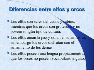 Diferencias entre elfos y orcos

 Los  elfos son seres delicados y sabios,
  mientras que los orcos son grotescos y no
  poseen ningún tipo de cultura.
 Los elfos aman la paz y odian el sufrimiento,
  sin embargo los orcos disfrutan con el
  sufrimiento de los demás.
 Los elfos poseen una lengua propia,mientras
  que los orcos no poseen vocabulario alguno.
 