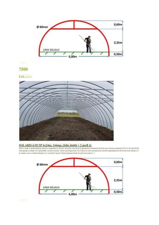 mai mult


7500
Leipreţ fără TVA




SOLARIS 6/2F/2P 6x24m, 144mp, (folie dublă + 2 porț i):
Oferă o soluț ie profesională de creș tere a legumelor ș i florilor. Structura: este din oț el galvanizat cu diametrul de 60 de mm. Zincarea Sendzimir Z275 ș i oț elul FE320
oferă garanț ia calităț ii ș i durabilităț ii acestor structuri. Arcele sunt dispuse din 2 în 2 metri, ș i sunt conectate prin 6 profile longitudinale de 28 de mm (4 pe laterale si 2
la coamă), ceea ce conferă robusteț e ș i rezistenț ă sporite. Pentru prinderea firelor de susț inere pentru [...]




mai mult
 