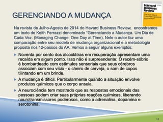 GERENCIANDO A MUDANÇA 
Na revista de Julho-Agosto de 2014 do Havard Business Review, encontramos 
um texto de Keith Ferrazzi denominado “Gerenciando a Mudança. Um Dia de 
Cada Vez. (Managing Change. One Day at Time). Nele o autor faz uma 
comparação entre seu modelo de mudança organizacional e a metodologia 
proposta nos 12-passos do AA. Vemos a seguir alguns exemplos: 
 Noventa por cento dos alcoolátras em recuperação apresentam uma 
recaída em algum ponto. Isso não é surpreendente: O recém-sóbrio 
é bombardeado com estímulos sensoriais que seus cérebros 
associam com seu vício - o cheiro de cerveja, o som de copos 
tilintando em um brinde. 
 A mudança é difícil. Particularmente quando a situação envolve 
produtos químicos que o corpo anseia. 
 A neurociência tem mostrado que as respostas emocionais das 
pessoas podem criar suas próprias reações químicas, liberando 
neurotransmissores poderosos, como a adrenalina, dopamina e 
serotonina. 
12 
 