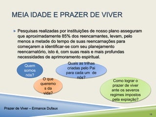 MEIA IDADE E PRAZER DE VIVER 
 Pesquisas realizadas por instituições de nosso plano asseguram 
que aproximadamente 85% dos reencarnantes, levam, pelo 
menos a metade do tempo de suas reencarnações para 
começarem a identificar-se com seu planejamento 
reencarnatório, isto é, com suas reais e mais profundas 
necessidades de aprimoramento espiritual. 
Quem 
somos 
nós? 
O que 
queremo 
s da 
vida? 
Quais as trilhas 
criadas pelo Pai 
para cada um de 
nós? 
Como lograr o 
prazer de viver 
ante os severos 
regimes impostos 
pela expiação? 
Prazer de Viver – Ermance Dufaux 
18 
 