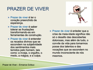 PRAZER DE VIVER 
 Prazer de viver é ter o 
coração preenchido de 
esperança. 
 Prazer de viver é saber 
tolerar as frustações 
transformando-as em 
ferramentas de construção. 
 Prazer de viver é entender 
os recados divinos que se 
escondem na subjetividade 
dos sentimentos mais 
temidos pelo homem, tais 
como: a inveja, o orgulho, o 
medo, a mágoa, e a culpa. 
 Prazer de viver é enteder que a 
crise da meia-idade significa não 
só o desafio das descobertas 
dolorosas, mas além de tudo, o 
convite da vida para tomarmos 
posse dos talentos e das 
vocações que se escondem no 
mundo inconsciente de nós 
mesmos. 
Prazer de Viver – Ermance Dufaux 
19 
 