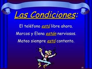 Las Condiciones : El teléfono  está  libre ahora. Marcos y Elena  están  nerviosos. Mateo siempre  está  contento. 