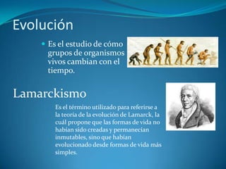 EvoluciónEs el estudio de cómo grupos de organismos vivos cambian con el tiempo.LamarckismoEs el término utilizado para referirse a la teoría de la evolución de Lamarck, la cuál propone que las formas de vida no habían sido creadas y permanecían inmutables, sino que habían evolucionado desde formas de vida más simples.