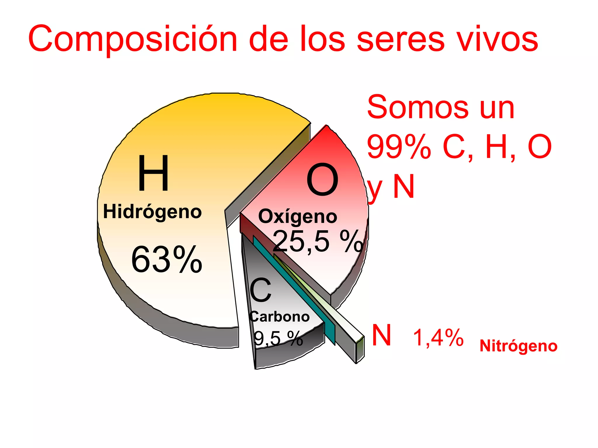Composición de los seres vivos
                              Somos un
                              99% C, H, O
      H                 O     yN
    Hidrógeno    Oxígeno
                  25,5 %
      63%
                C
                Carbono
                9,5 %          N    1,4%    Nitrógeno


                            Otros (Ca, P, Fe, k, Na…) 1%
 
