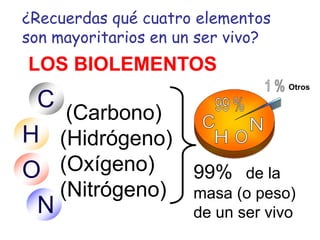 ¿Recuerdas qué cuatro elementos
son mayoritarios en un ser vivo?
LOS BIOLEMENTOS
                                   Otros

 C
    (Carbono)
H (Hidrógeno)
O (Oxígeno)    99% de la
   (Nitrógeno) masa (o peso)
 N             de un ser vivo
 