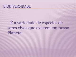 É a variedade de espécies de
seres vivos que existem em nosso
Planeta.
 
