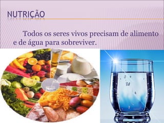 Todos os seres vivos precisam de alimento
e de água para sobreviver.
 