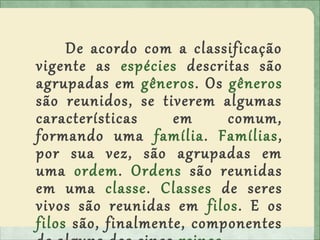 De acordo com a classificação
vigente as espécies descritas são
agrupadas em gêneros. Os gêneros
são reunidos, se tiverem algumas
características em comum,
formando uma família. Famílias,
por sua vez, são agrupadas em
uma ordem. Ordens são reunidas
em uma classe. Classes de seres
vivos são reunidas em filos. E os
filos são, finalmente, componentes
 