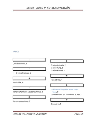 SERES VIVOS Y SU CLASIFICACIÓN
CARLOS VILLANUEVA JHOSELIN Página 8
INDICE
,
, multicelulares, 2
•
• El reino Protistas, 1
A
Autótrofa:, 4
C
CLASIFICACIÓN DE LOS SERES VIVOS, 3
D
Descomponedores:, 5
E
El reino Animalia, 2
El reino Fungi, 1
El reino Plantae, 1
H
Heterótrofa:, 4
L
La alimentación puede ser de varios
tipos, 5
LOS SERES VIVOS Y SU CLASIFICACIÓN, 1
O
Omnívoros, 5
 