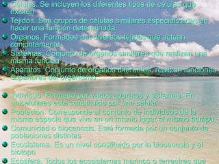 Células. Se incluyen los diferentes tipos de células que 
existen 
Tejidos. Son grupos de células similares especializadas en 
hacer una función determinada. 
Órganos. Formados por diversos tejidos que actúan 
conjuntamente. 
Sistemas. Conjunto de órganos similares que realizan una 
misma función 
Aparatos. Conjunto de órganos diferentes, realizan funciones 
superiores del organismo 
Individuo. Formado por varios aparatos y sistemas. En 
unicelulares esta constituido por una célula 
Población. Corresponde al conjunto de individuos de la 
misma especie que vive en un mismo lugar al mismo tiempo. 
Comunidad o biocenosis. Está formada por un conjunto de 
poblaciones distintas 
Ecosistema. Es un nivel constituido por la biocenosis y el 
biotopo 
Ecosfera. Todos los ecosistemas marinos o terrestres que 
 