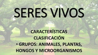 SERES VIVOS
CARACTERÍSTICAS
CLASIFICACIÓN
• GRUPOS: ANIMALES, PLANTAS,
HONGOS Y MICROORGANISMOS
 