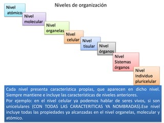 Nivel
atómico
Cada nivel presenta característica propias, que aparecen en dicho nivel.
Siempre mantiene e incluye las características de niveles anteriores.
Por ejemplo: en el nivel celular ya podemos hablar de seres vivos, si son
unicelulares (CON TODAS LAS CARACTERITICAS YA NOMBRADAS).Ese nivel
incluye todas las propiedades ya alcanzadas en el nivel organelas, molecular y
atómico.
Nivel
molecular
Nivel
organelas
Nivel
celular Nivel
tisular Nivel
órganos
Nivel
Sistemas
órganos
Nivel
Individuo
pluricelular
Niveles de organización
 
