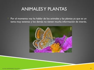 ANIMALESY PLANTAS
 Por el momento voy ha hablar de los animales y las plantas ya que es un
tema muy extenso y los demás no tienen mucha información de interés.
ALEXIS HERNÁNDEZ AGUSTIN 11
 