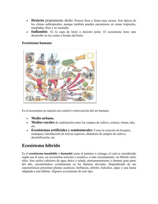 Desierto propiamente dicho: Poseen flora y fauna muy escasa. Son típicos de
los climas subtropicales, aunque también pueden encontrarse en zonas tropicales,
templadas, frías y en montaña.
Indlandsis: Es la capa de hielo o desierto polar. El ecosistema tiene más
desarrollo en las costas o bordes del hielo.

Ecosistema humano

Es el ecosistema no natural con control o intervención del ser humano.

Medio urbano.
Medios rurales de explotación como los campos de cultivo, crianza, minas, tala,
etc.

Ecosistemas artificiales y seminaturales: Como la creación de bosques,
estanques, introducción de nuevas especies, abandono de campos de cultivo,
desertificación, etc.

Ecosistema híbrido
Es el ecosistema inundable o humedal como el pantano o ciénaga, el cual es considerado
según sea el caso, un ecosistema terrestre o acuático, o más cercanamente, un híbrido entre
ellos. Son suelos cubiertos de agua dulce o salada, permanentemente o durante gran parte
del año, encontrándose comúnmente en las llanuras aluviales. Dependiendo de sus
características presentan plantas acuáticas, herbáceas, árboles, helechos, algas y una fauna
adaptada a este hábitat. Algunos ecosistemas de este tipo:

 