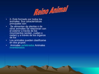 2- Está formado por todos los animales. Sus características principales son: Se alimentan de plantas o de otros animales Se relacionan con el exterior a través de los movimientos (andan, vuelan o nadan) y a través de los órganos de los  sentidos Los animales pueden clasificarse en dos grupos: Animales  vertebrados  Animales  invertebrados Reino Animal 