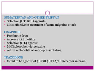 SUMATRIPTAN AND OTHER TRIPTAN
 Selective 5HT1B/1D agonists
 Most effective in treatment of acute migraine attack
CISAPRIDE
 Prokinetic drug
 increase g.i.t motility
 Selective 5HT4 agonist
 M-Cholorophenylpiperazine
 Active metabolite of antidepressant drug
TRAZODONE
 found to be agonist of 5HT1B 5HT2A/2C Receptor in brain.
 