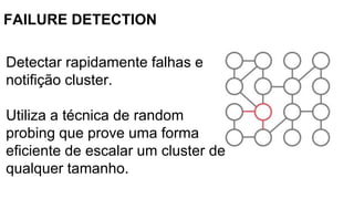 FAILURE DETECTION
Detectar rapidamente falhas e
notifição cluster.
Utiliza a técnica de random
probing que prove uma forma
eficiente de escalar um cluster de
qualquer tamanho.
 