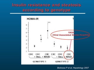 Insulin resistance and steatosis
     according to genotype




                                 VASH
                  (Viral Associated Steato-Hepatitis)




                      Bedossa P et al, Hepatology 2007
 