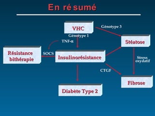 En résumé Stéatose Diabète Type 2 Stress  oxydatif Insulinorésistance VHC Fibrose Résistance  bithérapie Génotype 3 TNF-  SOCS CTGF Génotype 1 