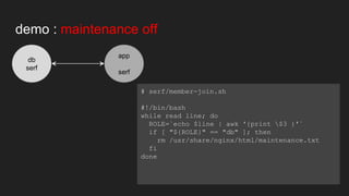 demo : maintenance off
app
serf
db
serf
# serf/member-join.sh
#!/bin/bash
while read line; do
ROLE=`echo $line | awk '{pri...
