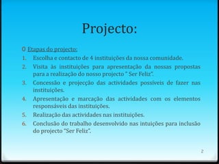 Projecto:
0 Etapas do projecto:
1.   Escolha e contacto de 4 instituições da nossa comunidade.
2.   Visita às instituições para apresentação da nossas propostas
     para a realização do nosso projecto ” Ser Feliz”.
3.   Concessão e projecção das actividades possíveis de fazer nas
     instituições.
4.   Apresentação e marcação das actividades com os elementos
     responsáveis das instituições.
5.   Realização das actividades nas instituições.
6.   Conclusão do trabalho desenvolvido nas intuições para inclusão
     do projecto “Ser Feliz”.


                                                                      2
 