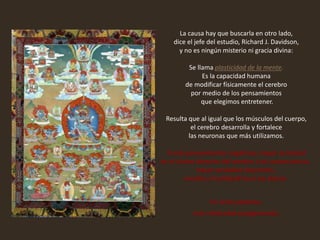 La causa hay que buscarla en otro lado,
dice el jefe del estudio, Richard J. Davidson,
y no es ningún misterio ni gracia divina:
Se llama plasticidad de la mente.
Es la capacidad humana
de modificar físicamente el cerebro
por medio de los pensamientos
que elegimos entretener.
Resulta que al igual que los músculos del cuerpo,
el cerebro desarrolla y fortalece
las neuronas que más utilizamos.
A más pensamientos negativos, mayor actividad
en el córtex derecho del cerebro y en consecuencia,
mayor ansiedad, depresión,
envidia y hostilidad hacia los demás.
En otras palabras:
más infelicidad autogenerada.
 