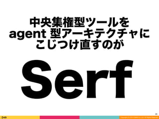 Copyright (C) 2014 DeNA Co.,Ltd. All Rights Reserved.
中央集権型ツールを
agent 型アーキテクチャに
こじつけ直すのが
28
Serf
 