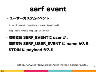 Copyright (C) 2014 DeNA Co.,Ltd. All Rights Reserved.
serf event
36
$ serf event [options] name [payload]
ex) serf event deploy 20140325
⁃ 環境変数 SERF_EVENTに user が、
⁃ 環境変数 SERF_USER_EVENT に name が入る
⁃ STDIN に payload が入る
⁃ ユーザーカスタムイベント
http://www.serfdom.io/docs/agent/event-handlers.html
 