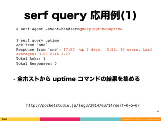 Copyright (C) 2014 DeNA Co.,Ltd. All Rights Reserved.
serf query 応用例(1)
40
$ serf agent -event-handler=query:uptime=uptime
⁃ 全ホストから uptime コマンドの結果を集める
$ serf query uptime
Ack from 'one'
Response from 'one': 17:50 up 3 days, 2:52, 10 users, load
averages: 3.83 2.46 2.27
Total Acks: 1
Total Responses: 0
http://pocketstudio.jp/log3/2014/03/14/serf-0-5-0/
 