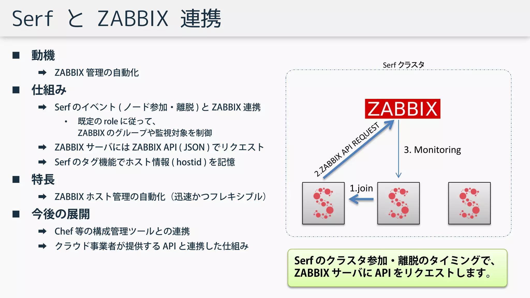 Serf と ZABBIX 連携
 動機
➡ ZABBIX 管理の自動化
 仕組み
➡ Serf のイベント ( ノード参加・離脱 ) と ZABBIX 連携
• 既定の role に従って、
ZABBIX のグループや監視対象を制御
➡ ZABBIX サーバには ZABBIX API ( JSON ) でリクエスト
➡ Serf のタグ機能でホスト情報 ( hostid ) を記憶
 特長
➡ ZABBIX ホスト管理の自動化（迅速かつフレキシブル）
 今後の展開
➡ Chef 等の構成管理ツールとの連携
➡ クラウド事業者が提供する API と連携した仕組み
1.join
Serf クラスタ
3. Monitoring
Serf のクラスタ参加・離脱のタイミングで、
ZABBIX サーバに API をリクエストします。
 