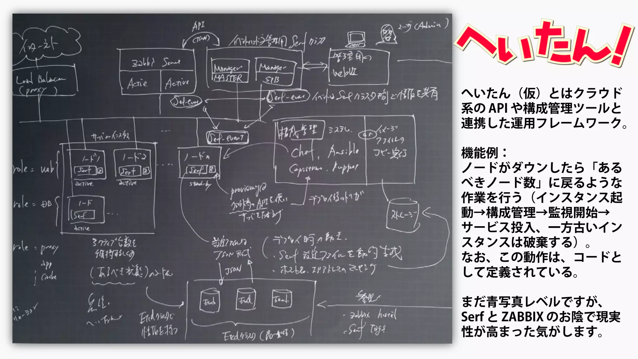 へいたん（仮）とはクラウド
系の API や構成管理ツールと
連携した運用フレームワーク。
機能例：
ノードがダウンしたら「ある
べきノード数」に戻るような
作業を行う（インスタンス起
動→構成管理→監視開始→
サービス投入、一方古いイン
スタンスは破棄する）。
なお、この動作は、コードと
して定義されている。
まだ青写真レベルですが、
Serf と ZABBIX のお陰で現実
性が高まった気がします。
 