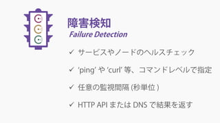 障害検知
Failure Detection
 サービスやノードのヘルスチェック
 ‘ping’ や ‘curl’ 等、コマンドレベルで指定
 任意の監視間隔 (秒単位 )
 HTTP API または DNS で結果を返す
 