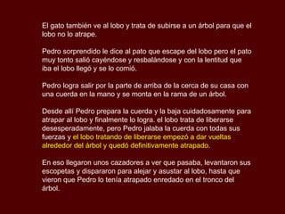 El gato también ve al lobo y trata de subirse a un árbol para que el lobo no lo atrape.  Pedro sorprendido le dice al pato que escape del lobo pero el pato muy tonto salió cayéndose y resbalándose y con la lentitud que iba el lobo llegó y se lo comió.  Pedro logra salir por la parte de arriba de la cerca de su casa con una cuerda en la mano y se monta en la rama de un árbol. Desde allí Pedro prepara la cuerda y la baja cuidadosamente para atrapar al lobo y finalmente lo logra. el lobo trata de liberarse desesperadamente, pero Pedro jalaba la cuerda con todas sus fuerzas y  el lobo tratando de liberarse empezó a dar vueltas alrededor del árbol y quedó definitivamente atrapado . En eso llegaron unos cazadores a ver que pasaba, levantaron sus escopetas y dispararon para alejar y asustar al lobo, hasta que vieron que Pedro lo tenía atrapado enredado en el tronco del árbol.  