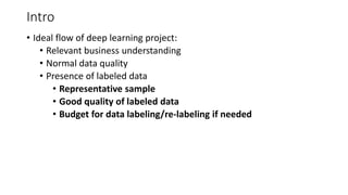 Intro
• Ideal flow of deep learning project:
• Relevant business understanding
• Normal data quality
• Presence of labeled...