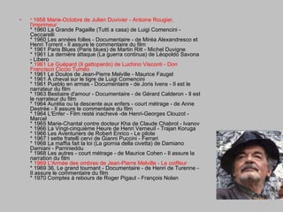 *  1958 Marie-Octobre de Julien Duvivier - Antoine Rougier, l'imprimeur * 1960 La Grande Pagaille (Tutti a casa) de Luigi Comencini - Ceccarelli * 1960 Les années folles - Documentaire - de Miréa Alexandresco et Henri Torrent - Il assure le commentaire du film * 1961 Paris Blues (Paris blues) de Martin Ritt - Michel Duvigne * 1961 La dernière attaque (La guerra continua) de Léopoldo Savona - Libero *  1961 Le Guépard (Il gattopardo) de Luchino Visconti - Don Francisco Ciccio Tuméo * 1961 Le Doulos de Jean-Pierre Melville - Maurice Faugel * 1961 À cheval sur le tigre de Luigi Comencini * 1961 Pueblo en armas - Documentaire - de Joris Ivens - Il est le narrateur du film * 1963 Bestiaire d'amour - Documentaire - de Gérard Calderon - Il est le narrateur du film * 1964 Aurélia ou la descente aux enfers - court métrage - de Anne Destrée - Il assure le commentaire du film * 1964 L'Enfer - Film resté inachevé -de Henri-Georges Clouzot - Marcel * 1965 Marie-Chantal contre docteur Kha de Claude Chabrol - Ivanov * 1966 La Vingt-cinquième Heure de Henri Verneuil - Trajan Koruga * 1966 Les Aventuriers de Robert Enrico - Le pilote * 1967 I sette fratelli cervi de Gianni Puccini - Ferrari * 1968 La maffia fait la loi (La giornia della civetta) de Damiano Damiani - Parrinieddu * 1968 Les autres - court métrage - de Maurice Cohen - Il assure la narration du film *  1969 L'Armée des ombres de Jean-Pierre Melville - Le coiffeur * 1969 36, Le grand tournant - Documentaire - de Henri de Turenne - Il assure le commentaire du film * 1970 Comptes à rebours de Roger Pigaut - François Nolan 