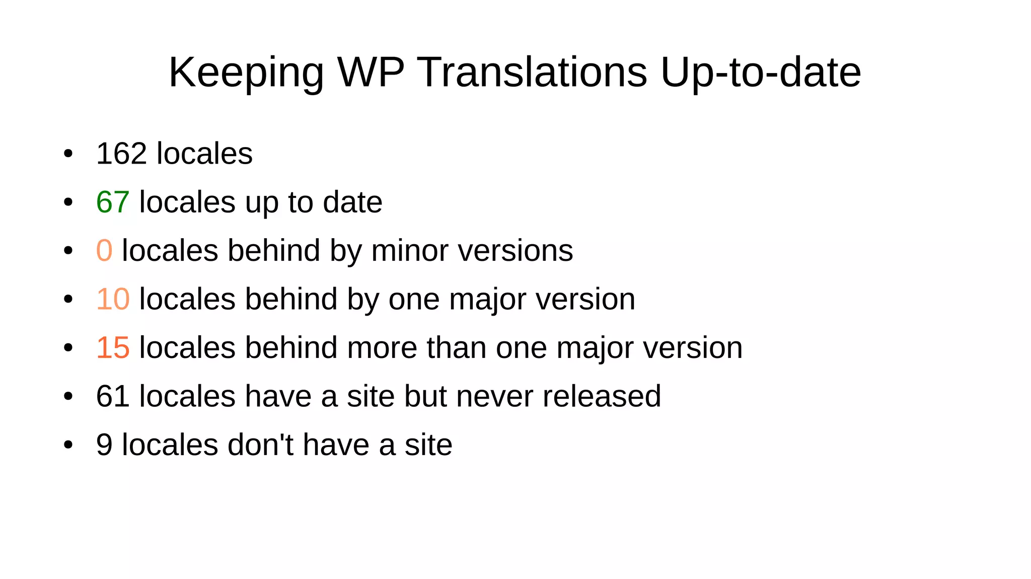 Keeping WP Translations Up-to-date ● 162 locales ● 67 locales up to date ● 0 locales behind by minor versions ● 10 locales behind by one major version ● 15 locales behind more than one major version ● 61 locales have a site but never released ● 9 locales don't have a site 